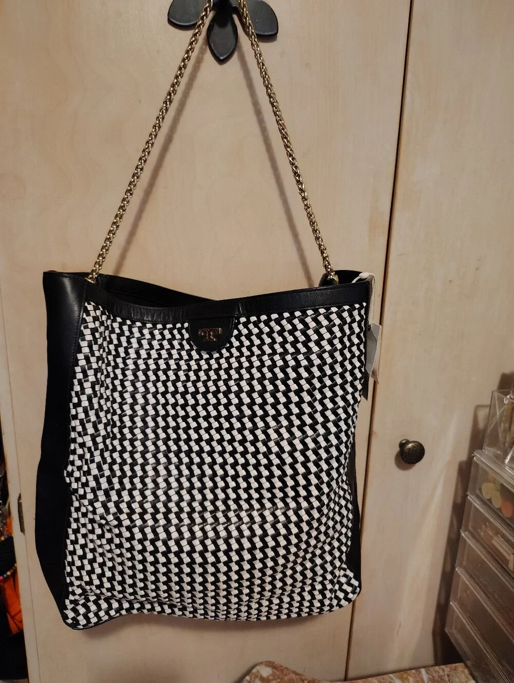 Tory Burch Erica Black And White Woven Leather Tote